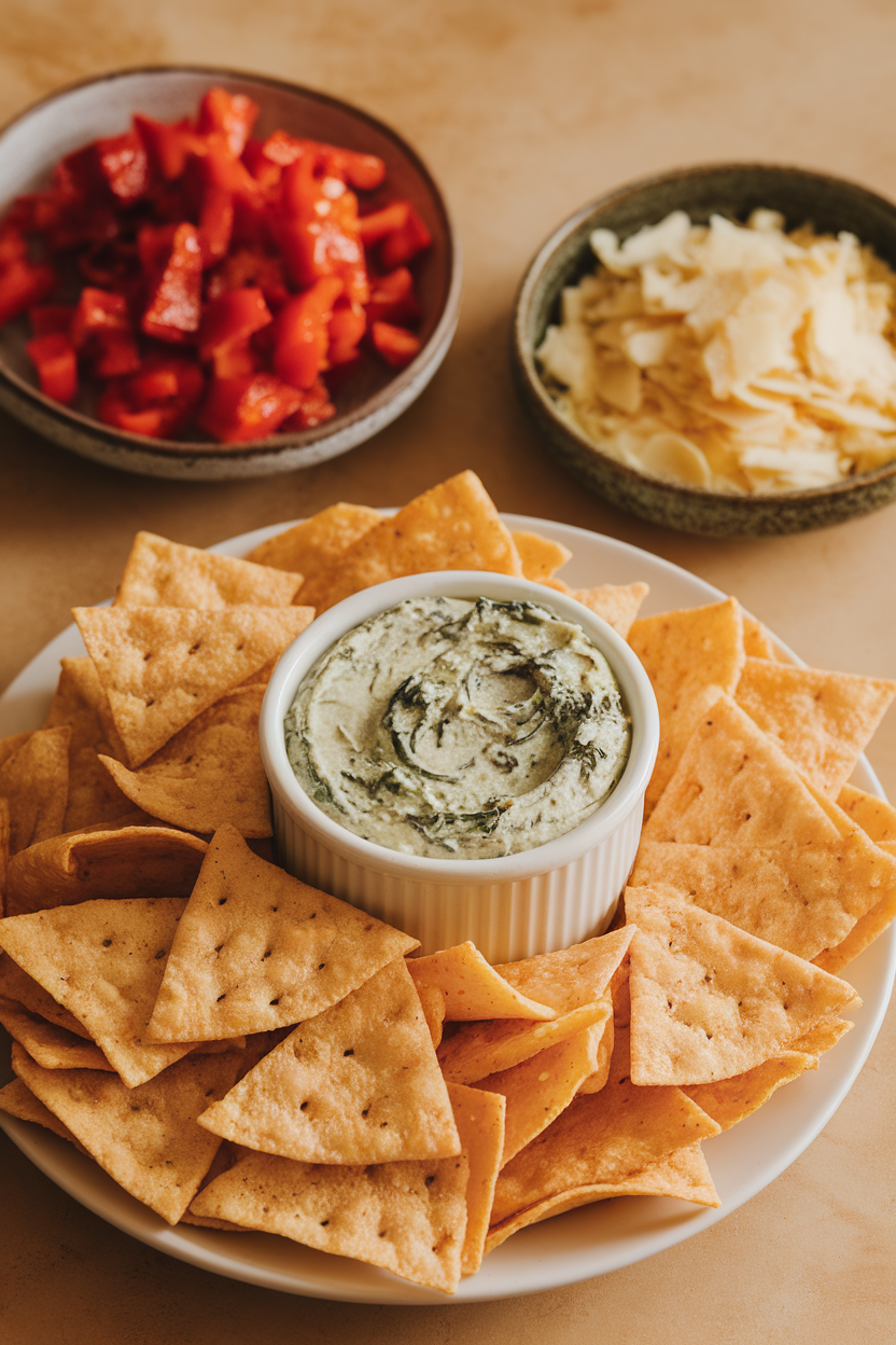 Warm indoor photo showing mini wheat tortillas, creamy spinach-artichoke dip in a small container, shredded parmesan, and diced roasted red peppers—no text or logos.