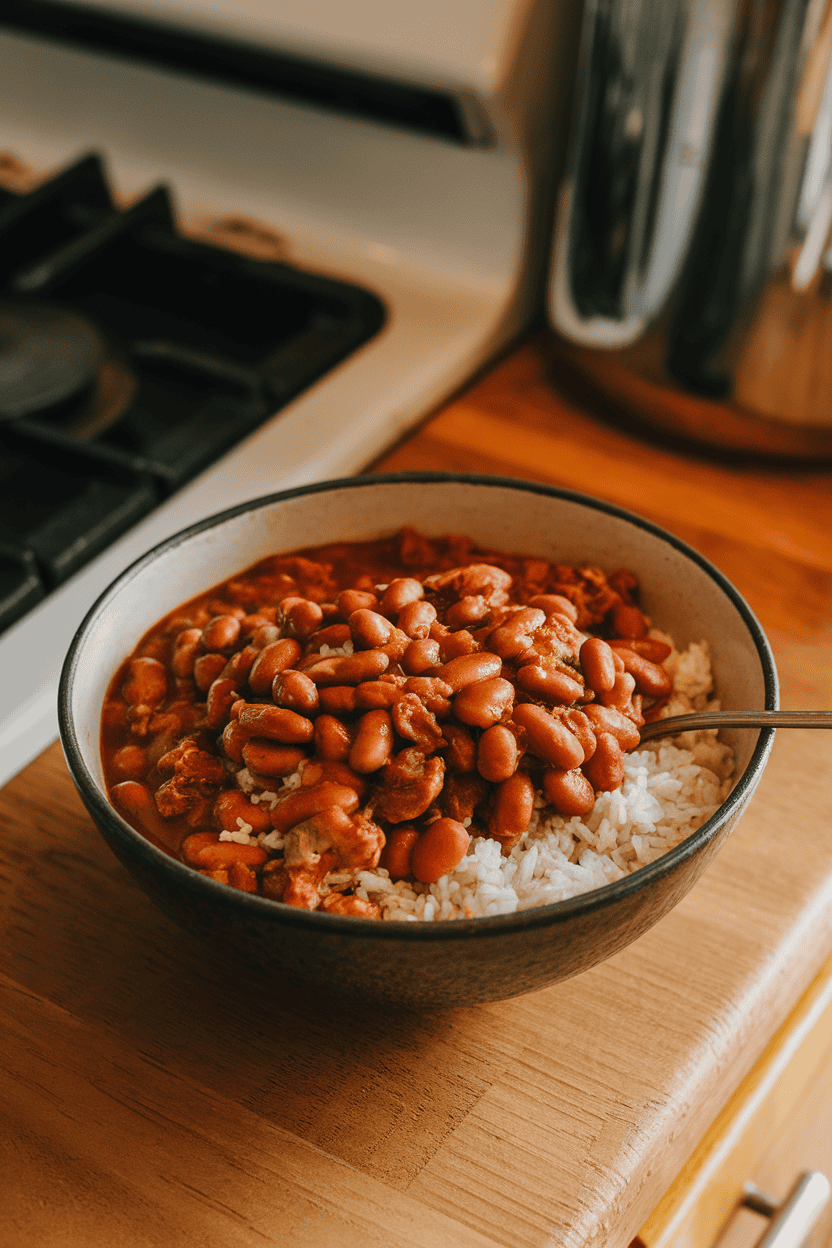 Indoor kitchen counter with a bowl of red beans cooked in smoky sauce spooned over white rice, flecks of sausage visible. No text or logos, warm light. Photo only.