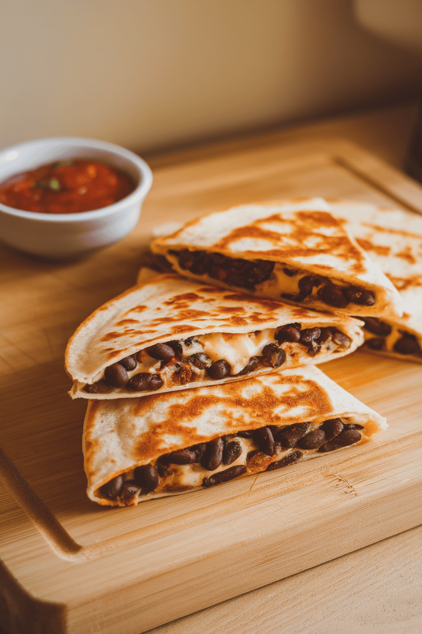 Photo of sliced black bean and melted cheese quesadillas on a wooden cutting board indoors, a small bowl of salsa nearby, no text or logos