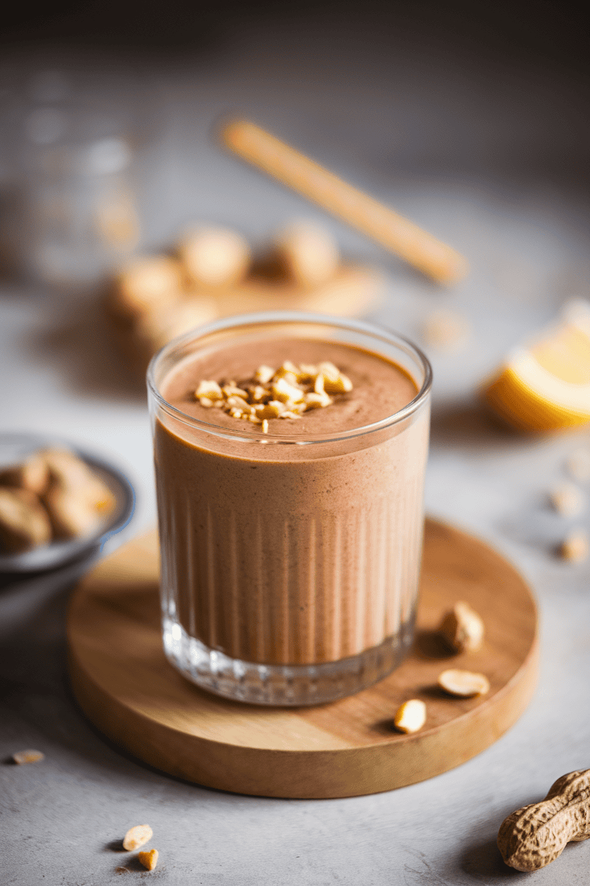 Indoor snack bar with a chocolate-brown smoothie in a rocks glass, tiny peanut pieces on top; soft side lighting; photograph, not illustration; no text or logos.