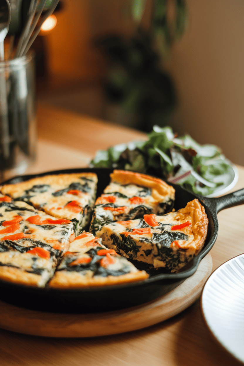 Indoor table with a skillet frittata sliced into wedges, visible spinach, red peppers, and cheese, set next to a small side salad. No logos or text, warm lighting. Photo only.