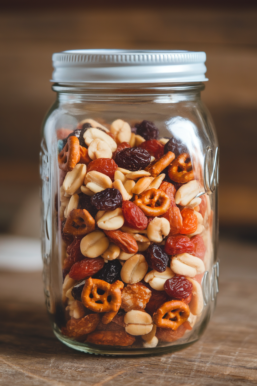 An indoor counter with a mason jar filled with homemade trail mix of peanuts, raisins, and pretzel pieces, no text or logos, photograph only.