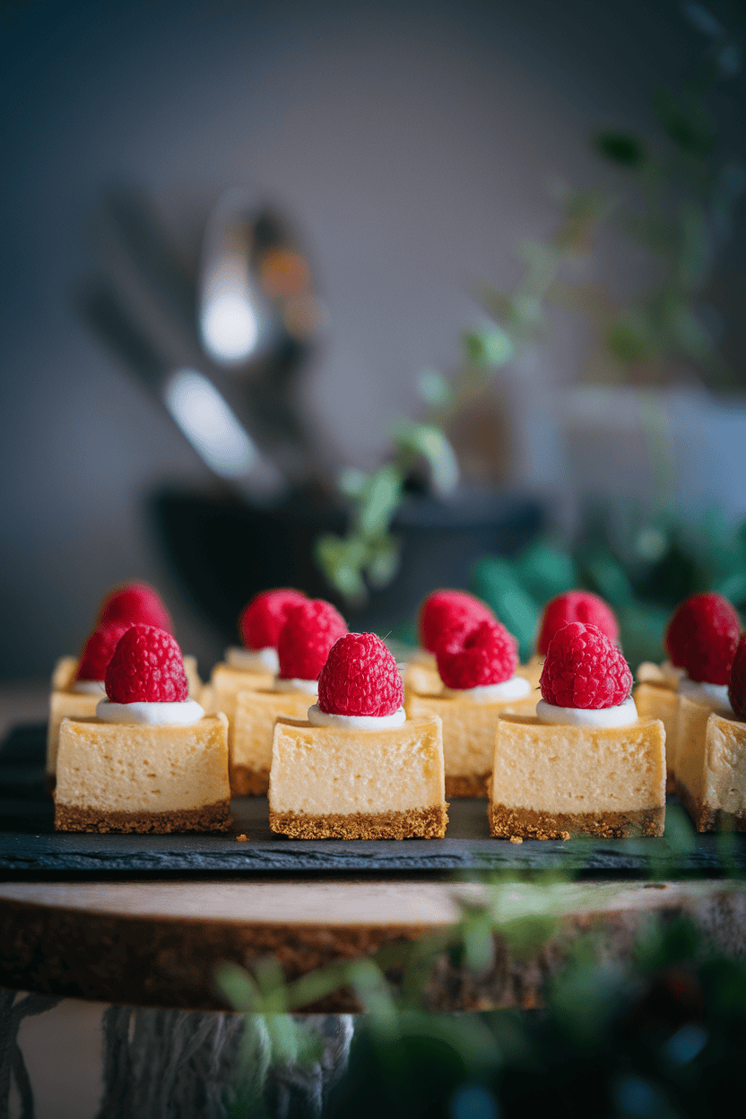 Indoor photo of mini cheesecake squares topped with fresh raspberries arranged on a slate board; subtle light; no text or logos