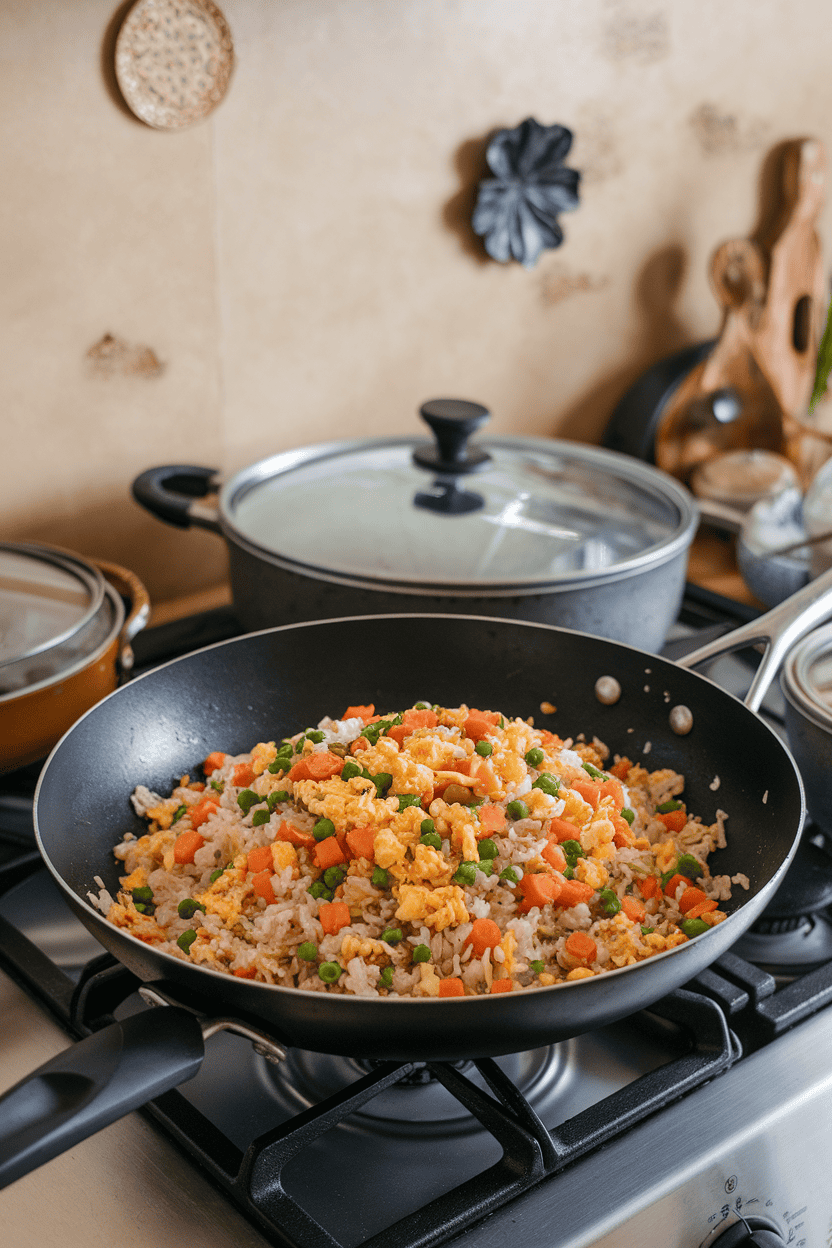 Indoor stovetop photo showing a wok of colorful fried rice with diced carrots, peas, scrambled egg bits, and green onions. No text or logos in view.