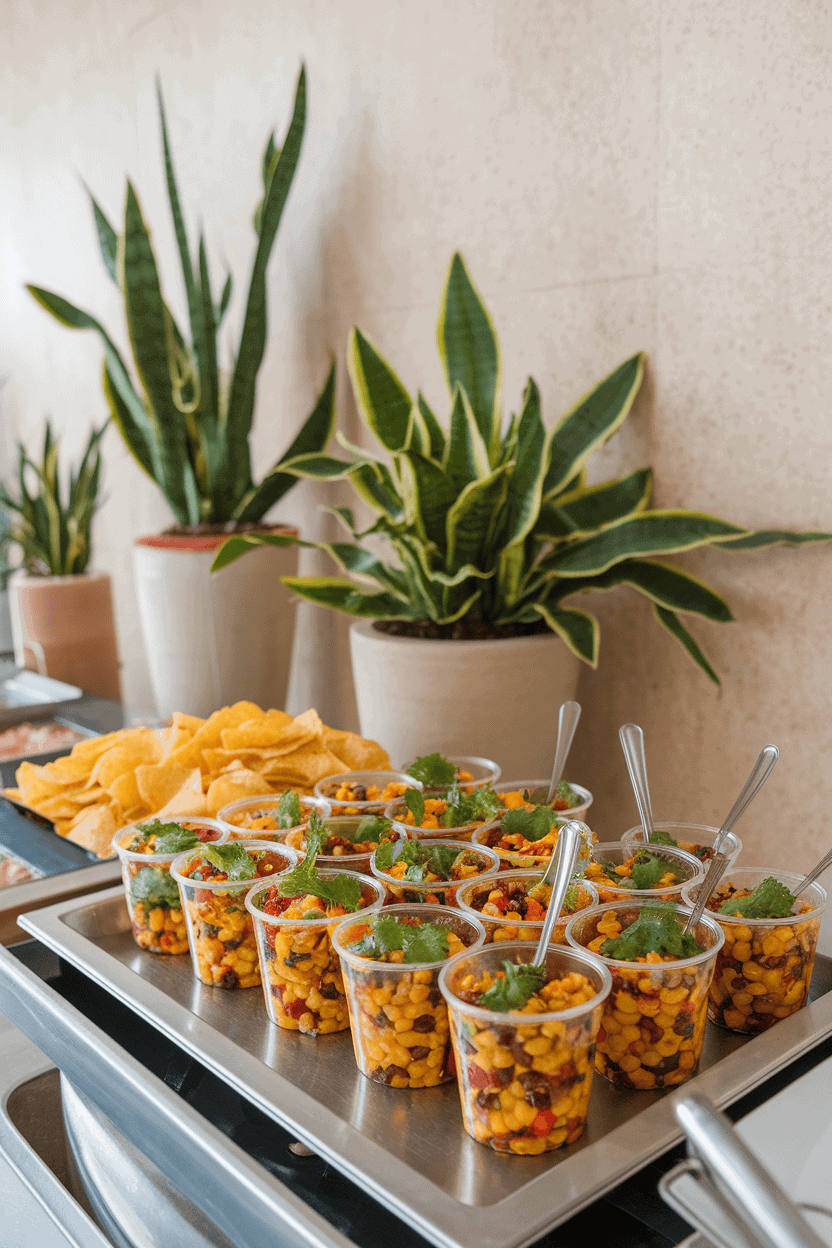 An indoor buffet line featuring small clear cups of colorful corn and black bean salsa with cilantro garnish, tortilla chips tucked alongside. No text or logos anywhere. Photo, not illustration.