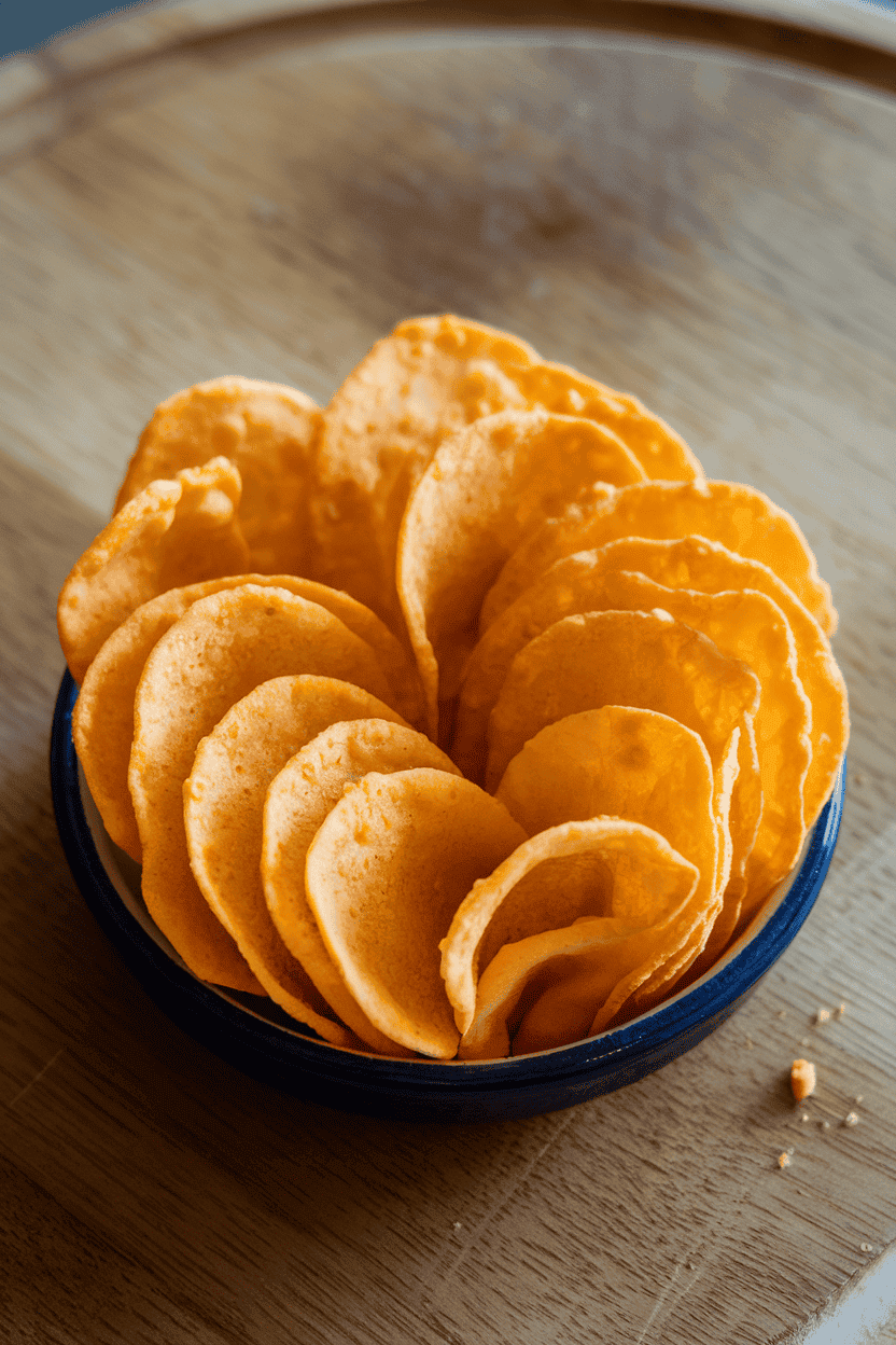 A small indoor ceramic dish containing thin, golden oven-baked cheese crisps with visible air bubbles. No text or logos.