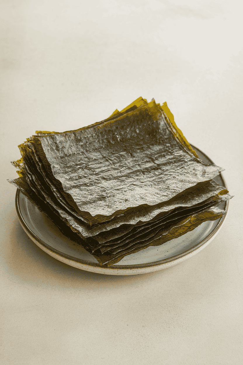 An indoor plate stacked with thin roasted seaweed sheets, edges slightly wavy, photographed against a neutral background. No text or logos present.