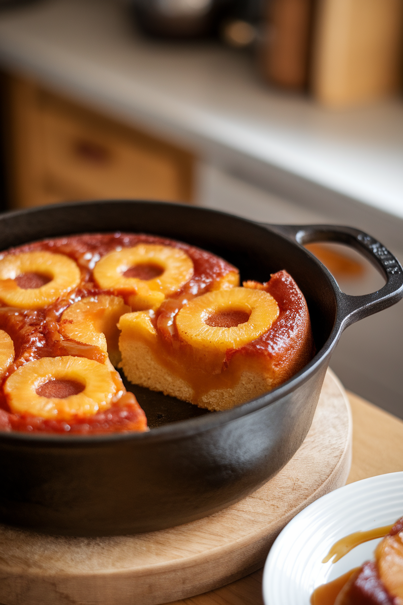 Indoor photo of a slice of pineapple upside-down cake, caramelized rings glistening, sitting in a cast-iron pot. No logos or text.