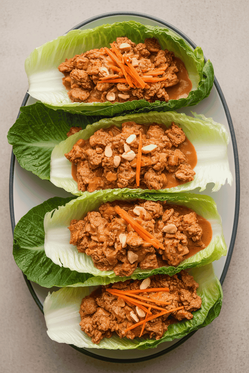 Indoor photo of crisp romaine leaves filled with ground chicken in peanut sauce, garnished with shredded carrots and chopped peanuts, arranged on a platter. Neutral background; no text or logos.