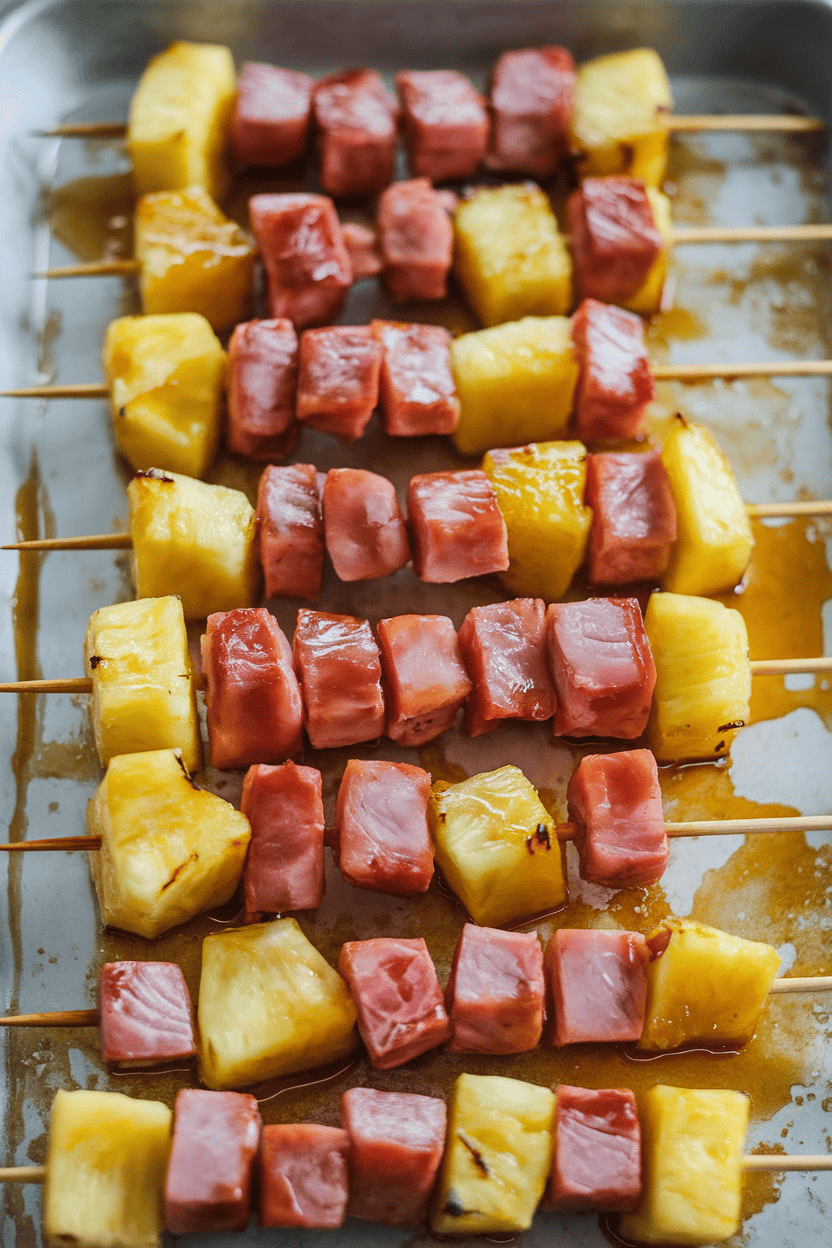 An indoor baking sheet lined with skewers of cooked ham cubes and caramelized pineapple chunks, light glistening off the glaze. No logos or text.