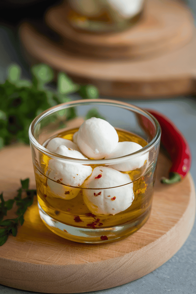 Indoor photo of a small glass container holding pearl mozzarella submerged in herb-infused olive oil with flecks of chili. No logos or text.