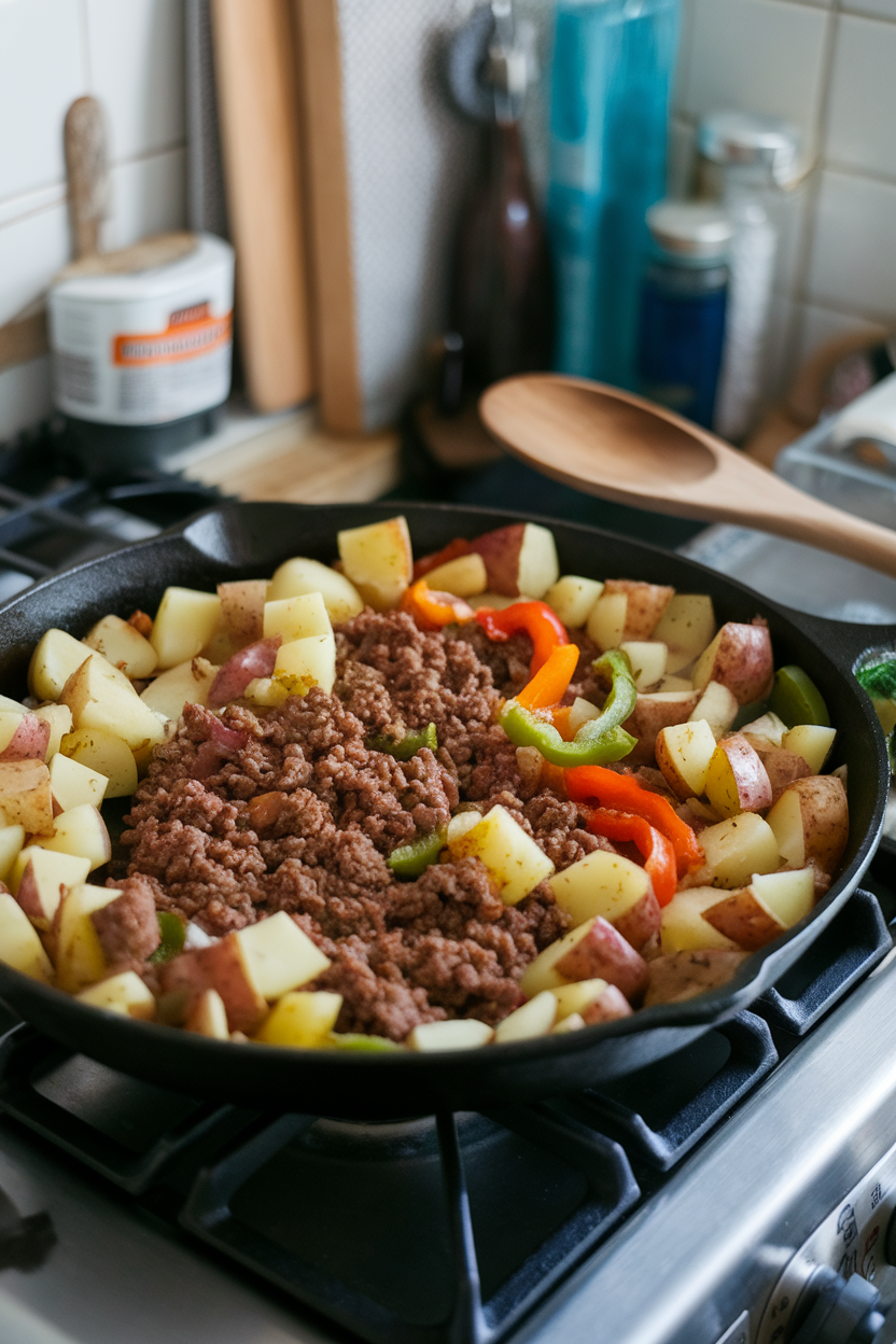 Indoor stovetop view of a cast-iron skillet filled with diced potatoes, browned ground beef, onions, and bell peppers, lightly crispy edges visible. No text or logos. Photo, not illustration.