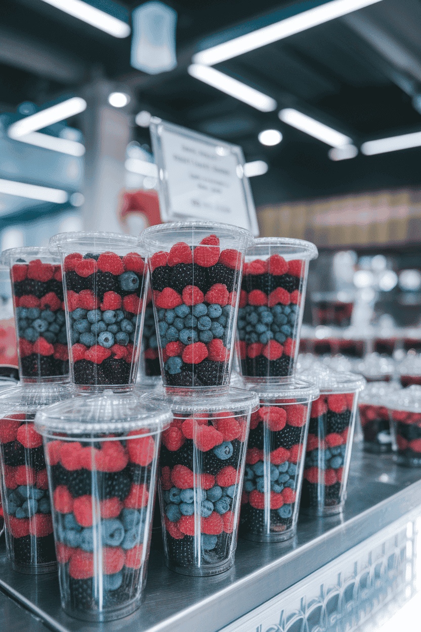 An indoor market counter displaying clear cups filled with layers of raspberries, blueberries, and blackberries, lids on top. No text or logos anywhere. Photo, not illustration.