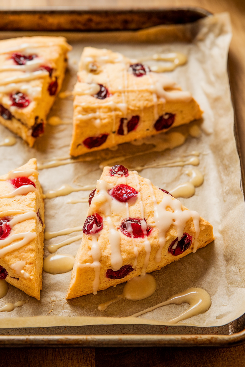 Indoor photo of triangular cranberry orange scones on a baking tray, citrus glaze drizzled over; warm light; no text or logos. Photo, not illustration.