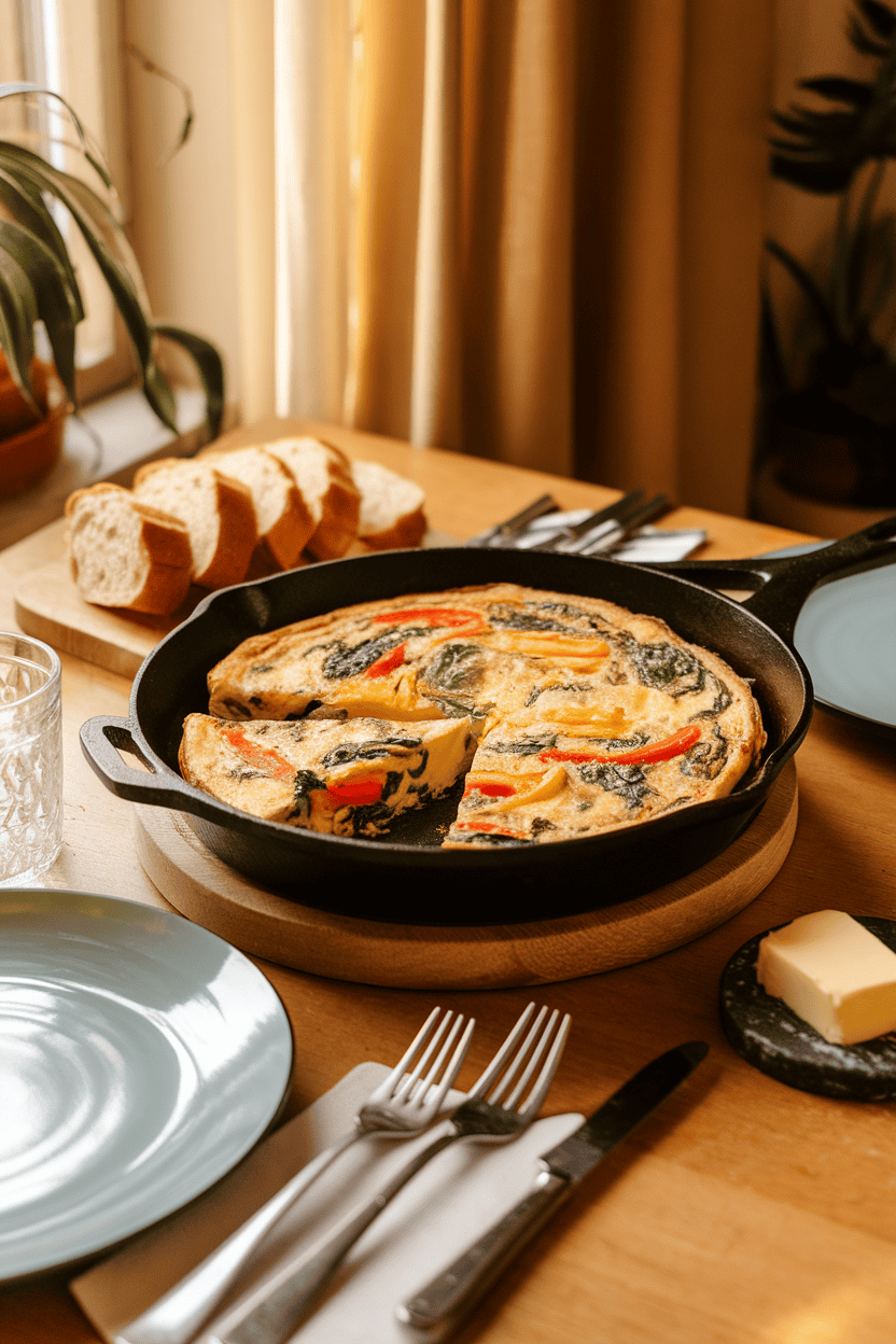 A warmly lit indoor dining table displaying a sliced frittata in a cast-iron skillet, colorful bell pepper and spinach visible inside. No logos or text.