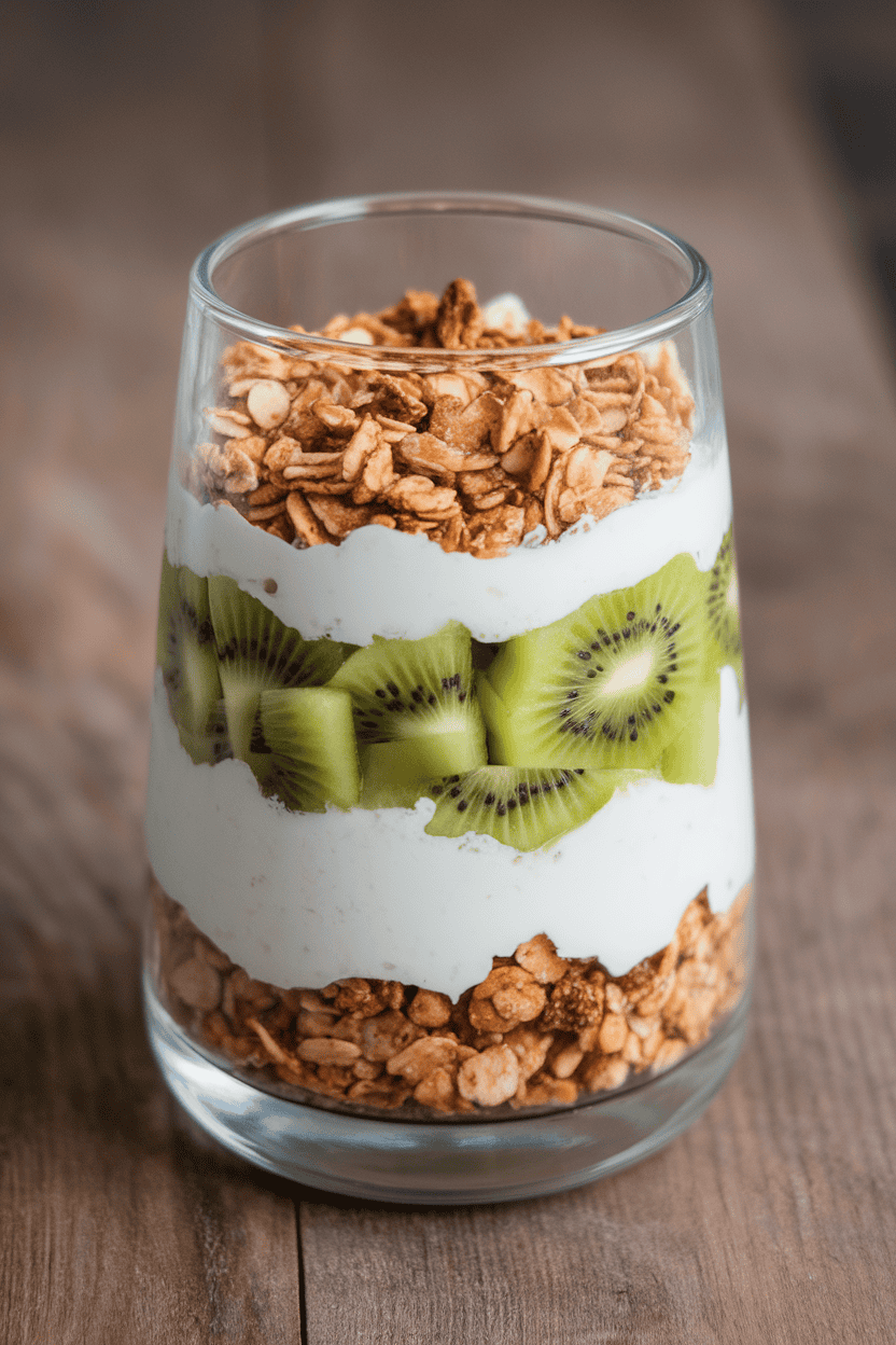 An indoor glass tumbler layered with unsweetened coconut yogurt, diced kiwi, and a sprinkle of granola, layers clearly visible. No text or logos. Photo only.