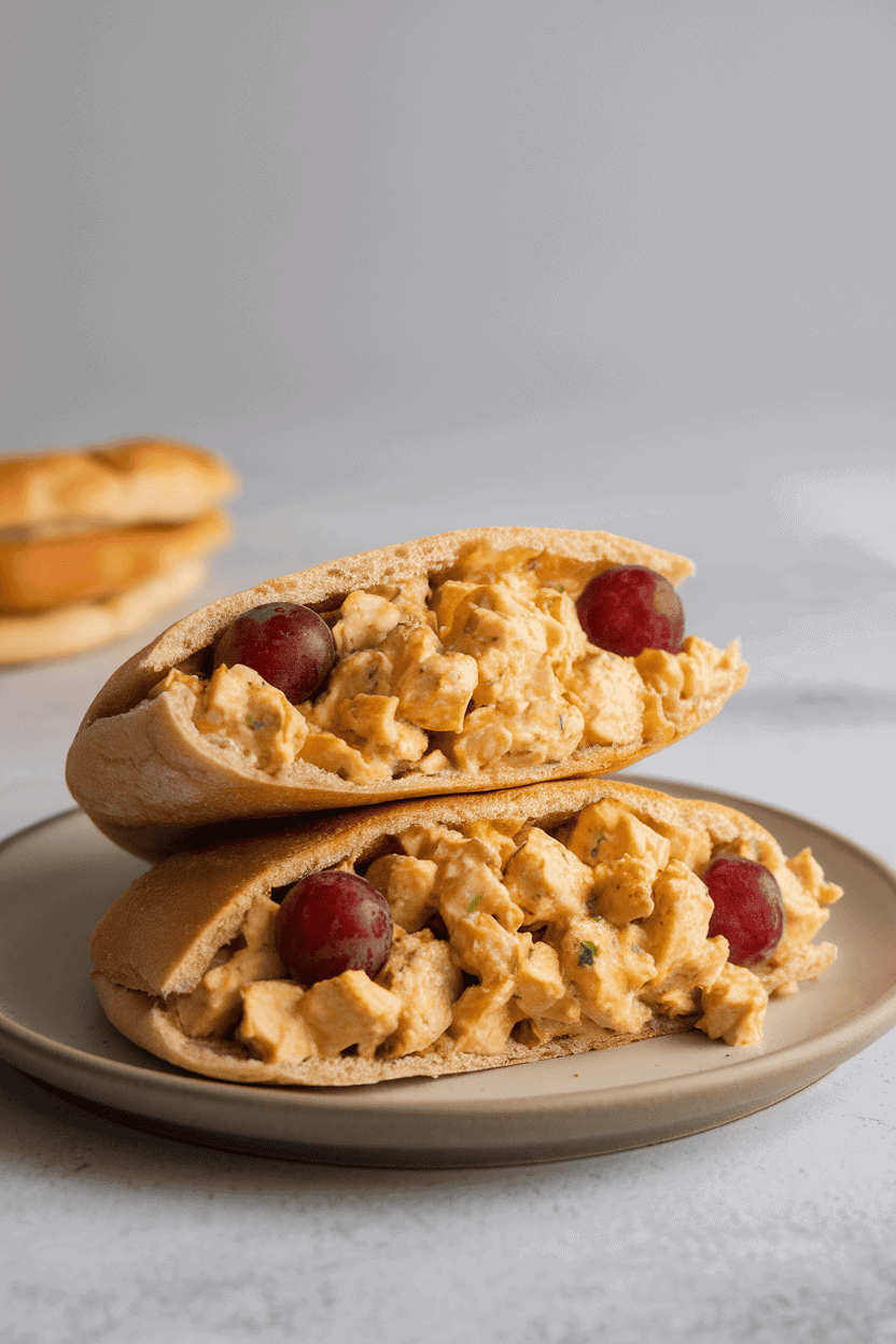 Indoor photo of a halved pita stuffed with golden curried chicken salad and red grapes, set on a neutral plate, no text or logos.
