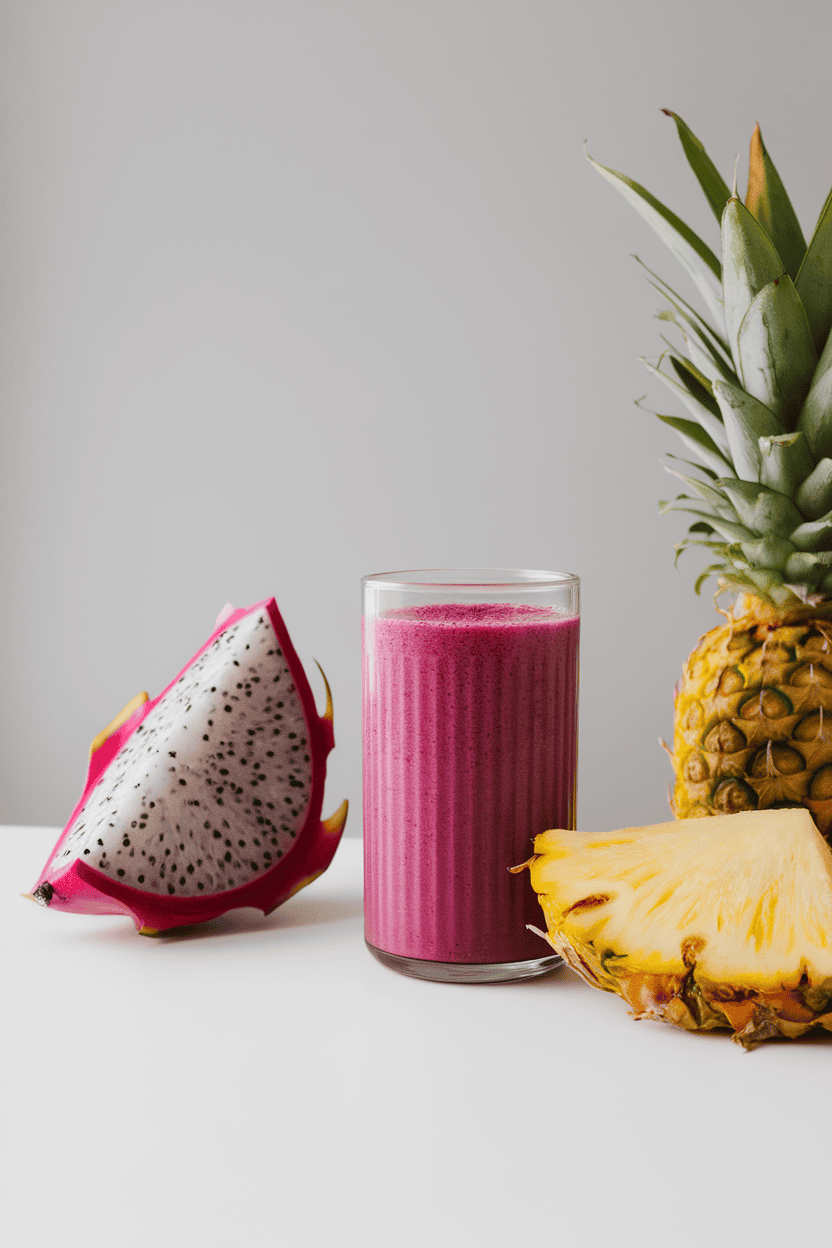 Indoor minimalist counter featuring a vivid magenta smoothie, a triangular slice of dragon fruit and pineapple chunk nearby. Photo, no text or logos.