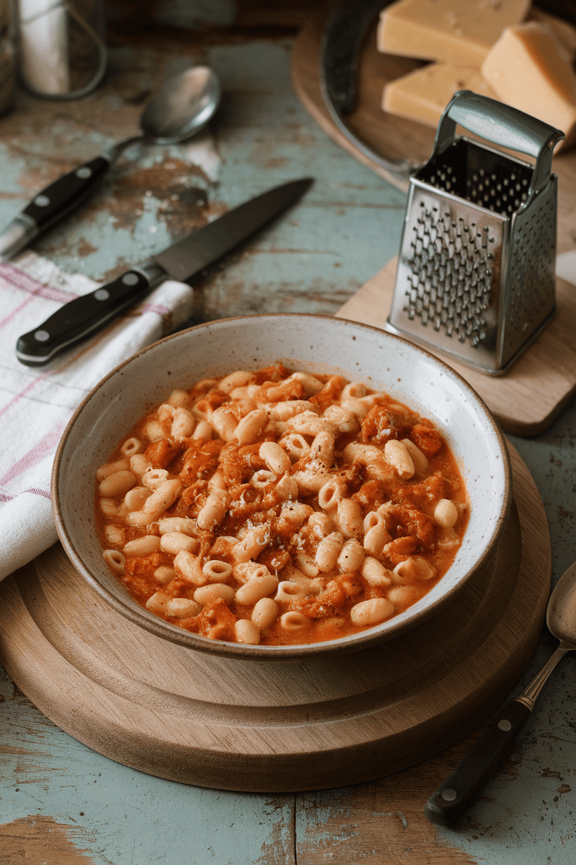 An indoor kitchen table featuring a rustic bowl of pasta e fagioli with small ditalini, creamy cannellini beans, and a tomato-speckled broth. Steam curls upward. No text or logos. Photo, not illustration.