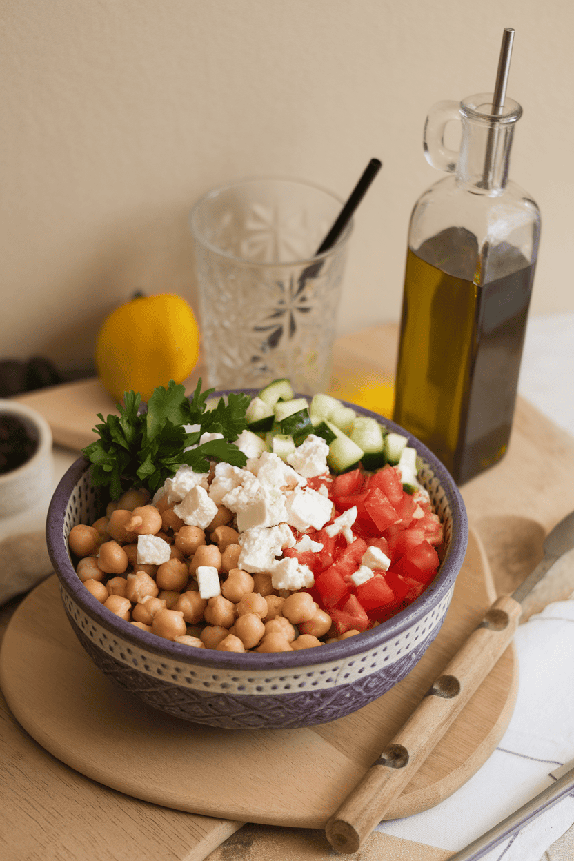 Indoor ceramic bowl showing chickpeas, diced cucumbers, tomatoes, parsley, and crumbled feta splashed with olive oil. Photo only, no text or logos.