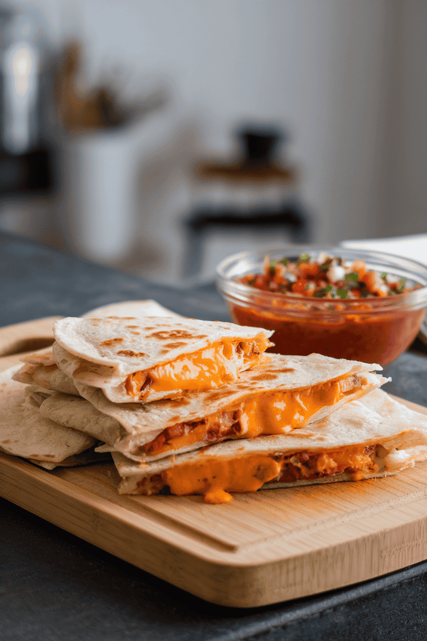 A cutting board on an indoor table displaying sliced, cheese-oozing quesadillas with a bowl of salsa nearby—photo, no text or logos.