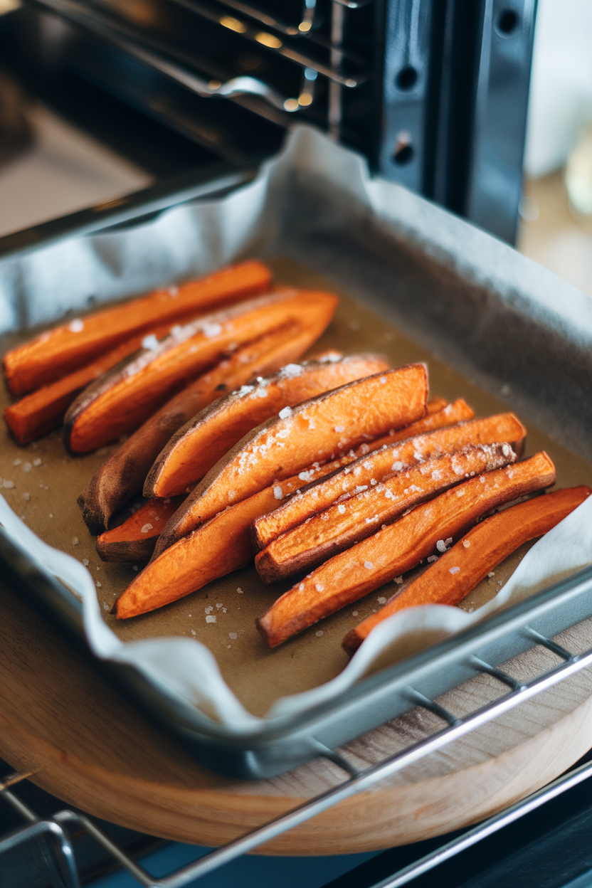 An indoor oven tray lined with parchment showing golden baked sweet potato fries sprinkled with sea salt, no text or logos.