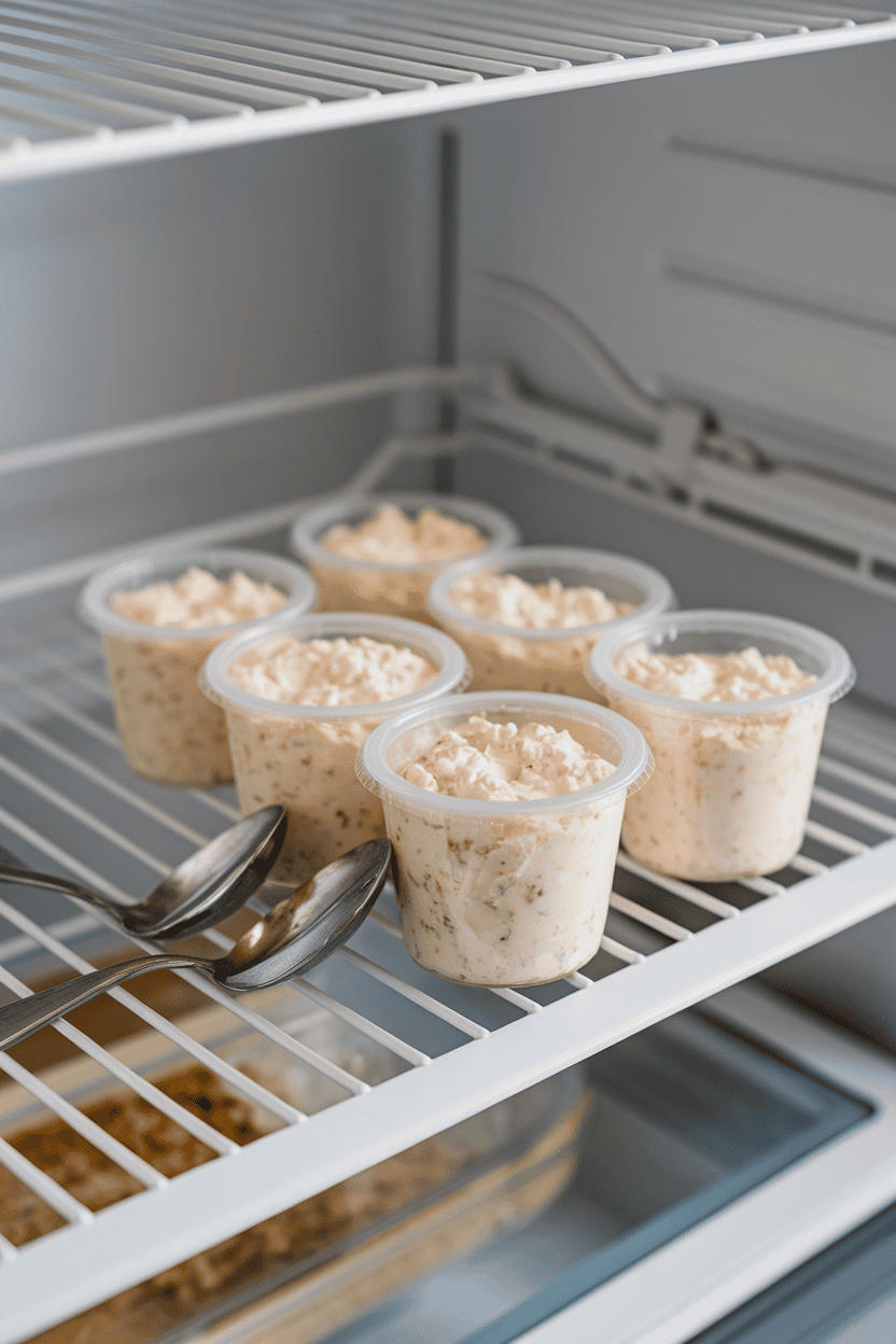 An indoor refrigerator shelf holding small sealed cups of cottage cheese with spoons resting nearby, no text or logos, photograph.