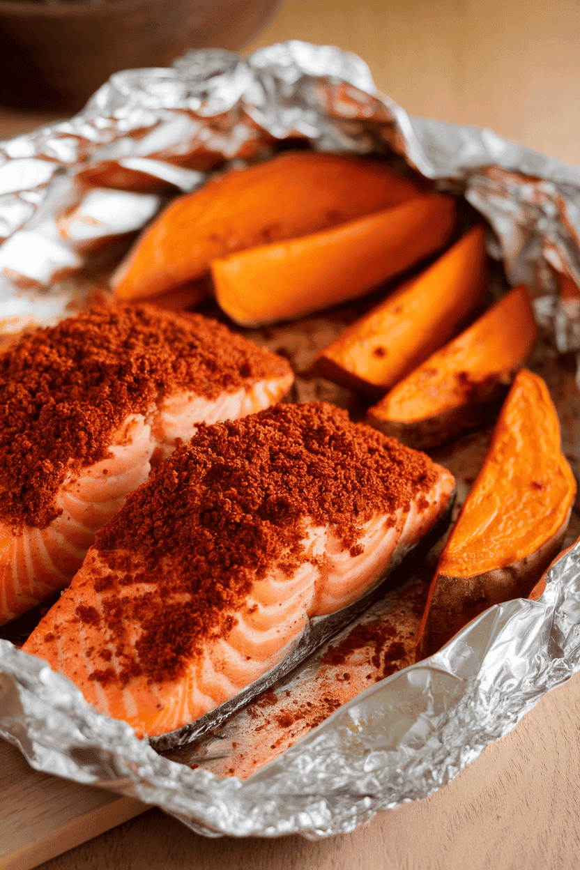 Warm indoor photo featuring a foil packet of cooked salmon coated in dry barbecue rub alongside roasted sweet potato slices. No text or logos present.