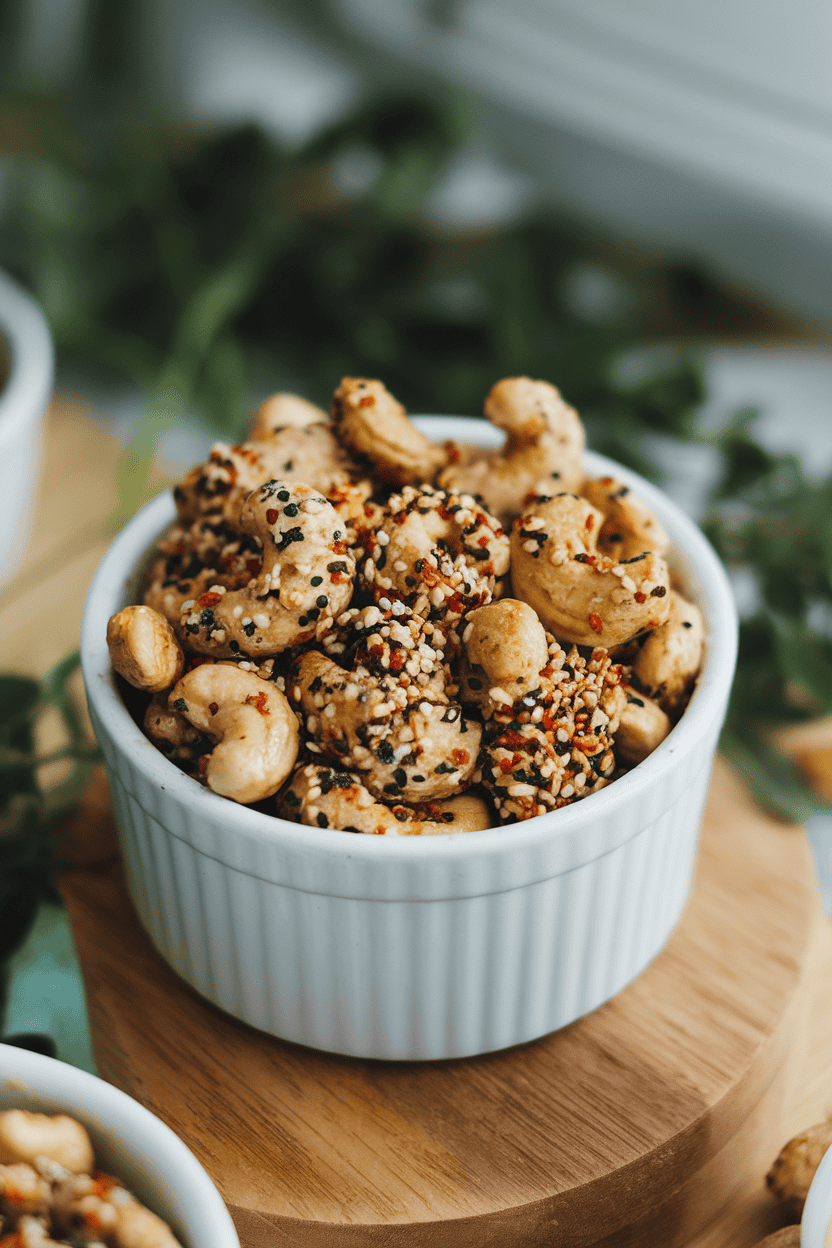 An indoor ramekin brimming with roasted cashews coated in everything-bagel seasoning, black and white sesame seeds visible. Soft overhead lighting; no text or logos; photo, not illustration.