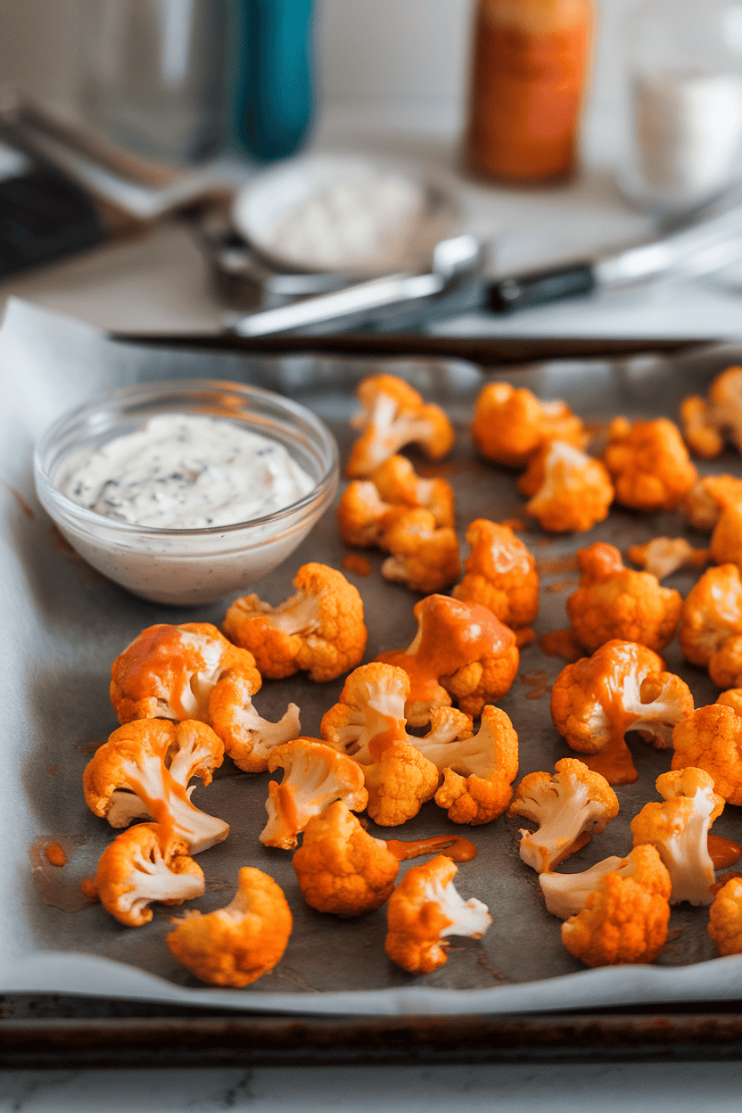 An indoor baking sheet lined with parchment, showing roasted cauliflower florets coated in orange buffalo sauce, a small bowl of ranch dip alongside; no text or logos. Photo, not illustration.