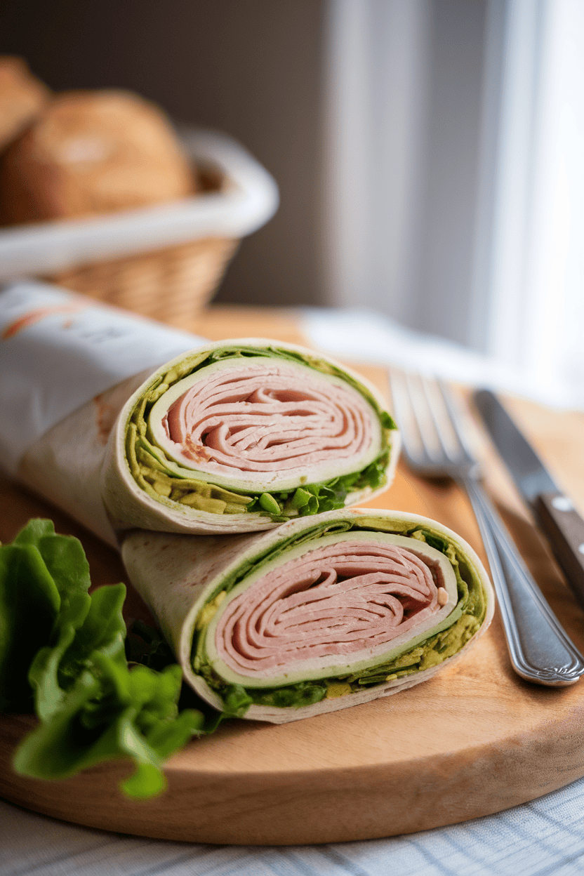 Indoor photo showing a sliced turkey and avocado wrap on a wooden board, bright leafy greens peeking out, with soft window light and no text or logos in view.