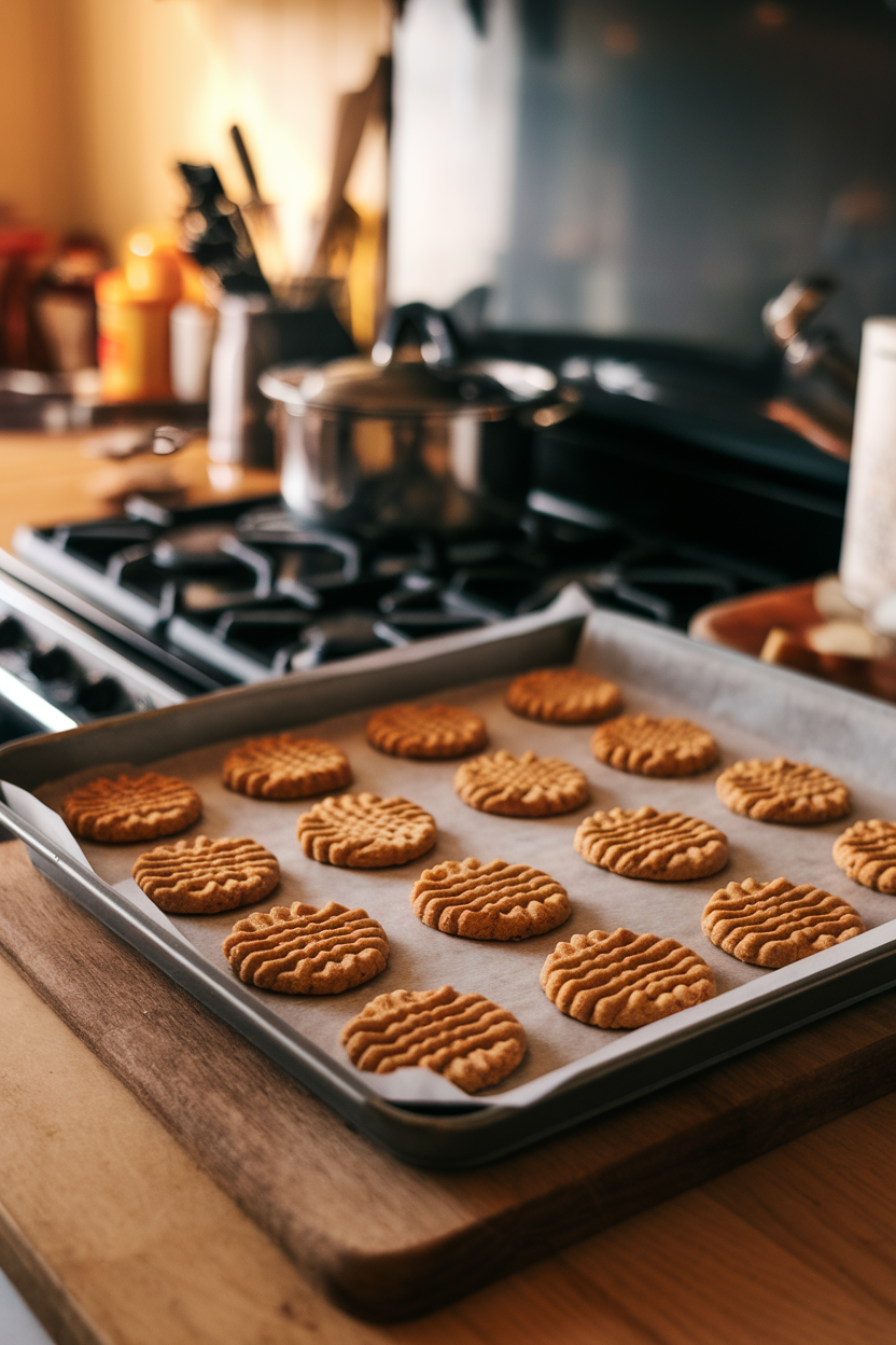 Indoor cookie sheet with freshly baked peanut butter cookies showing classic fork cross-hatch marks, crumbs visible; warm kitchen lighting; no text or logos. Photo, not illustration.