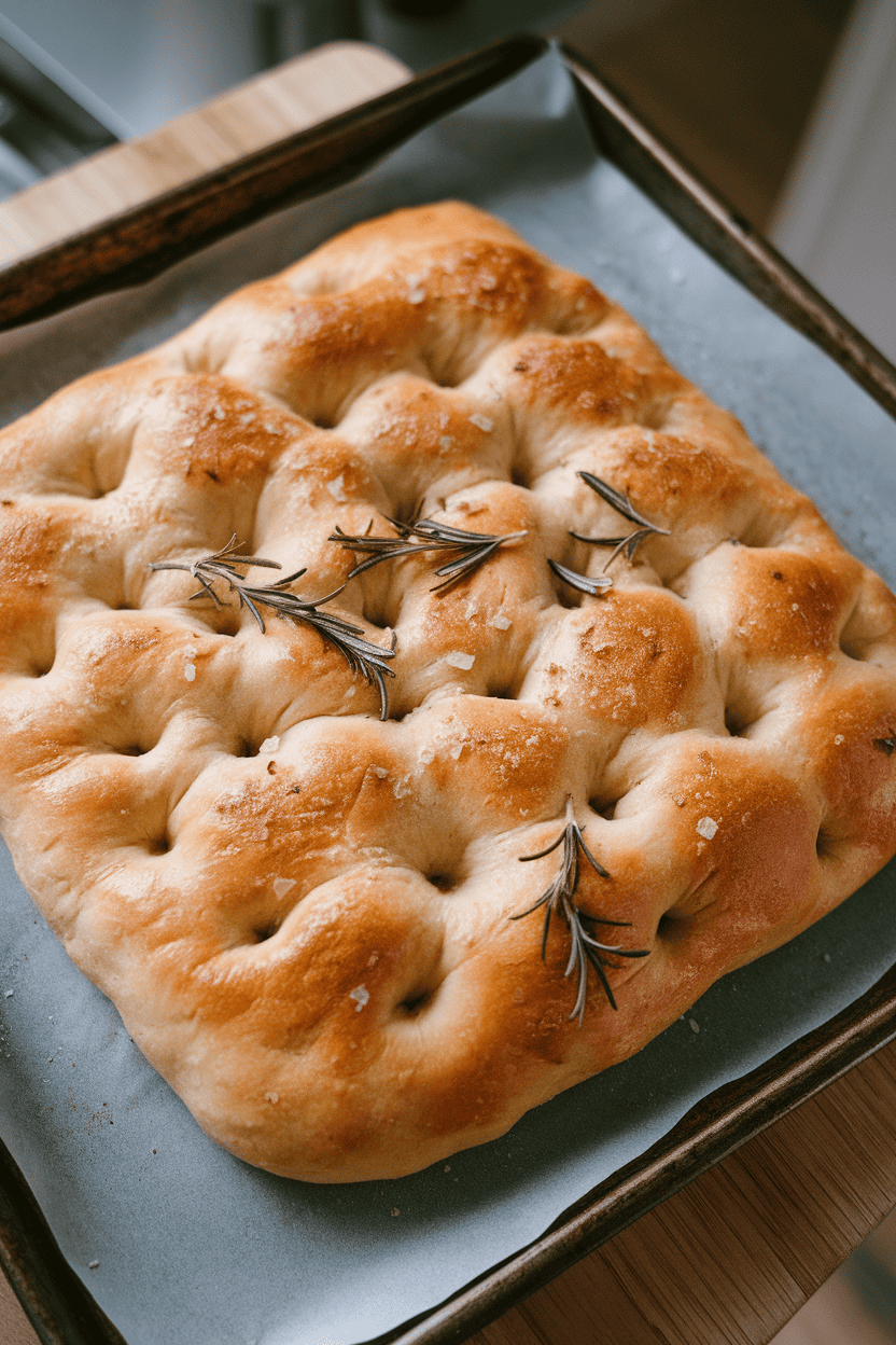 An indoor baking sheet displaying a golden slab of focaccia with visible dimples, rosemary sprigs, and flaky salt. No text or logos. Photo, not illustration.