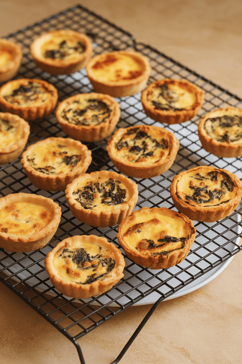 Photo indoors of a cooling rack topped with assorted mini quiches—spinach, ham, and cheese—golden brown. Even lighting, no text or logos.