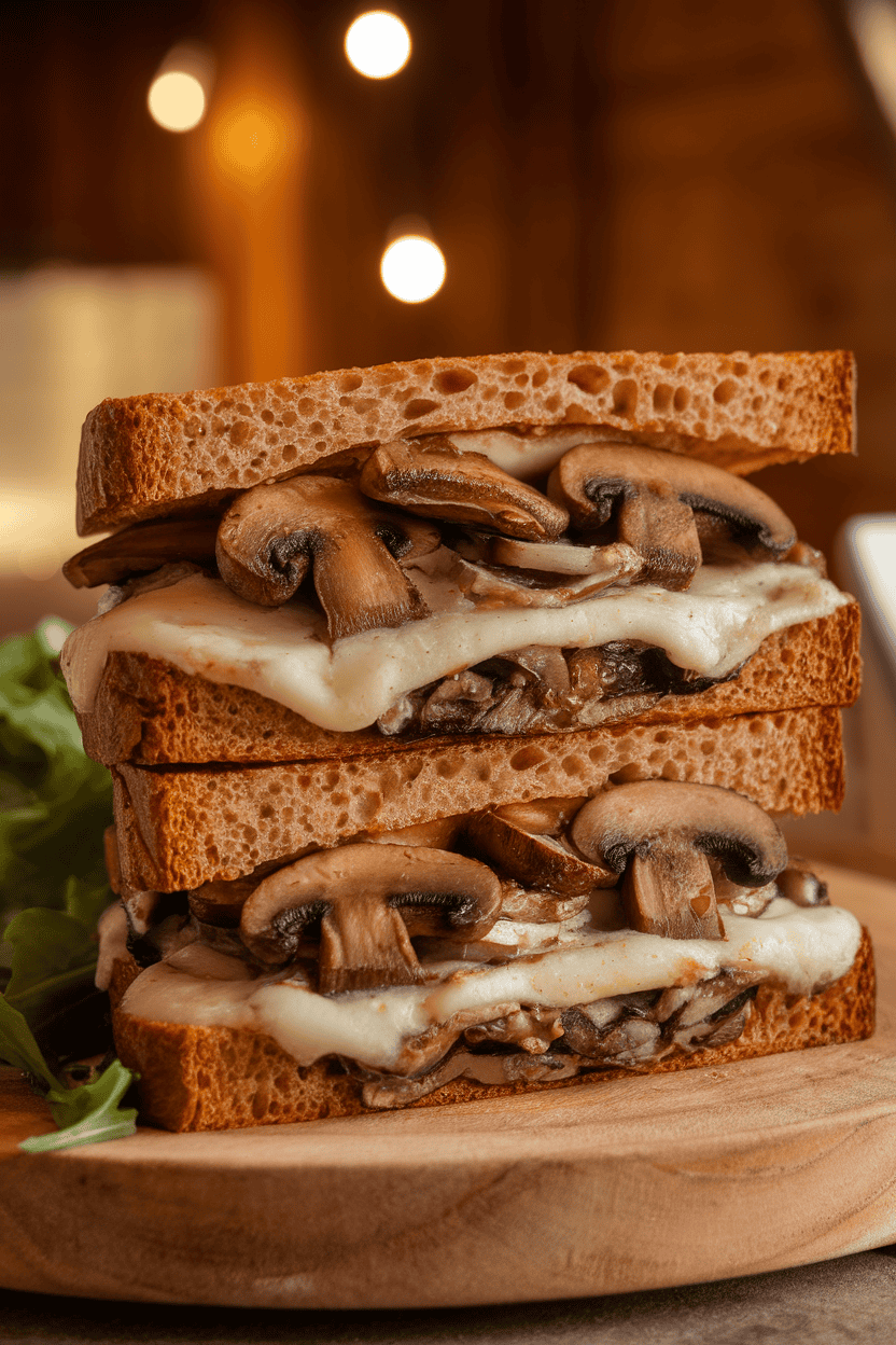 Indoor photo of a rye sandwich overflowing with sautéed mushrooms and melted Swiss cheese, cut diagonally. Warm lighting, logo-free.