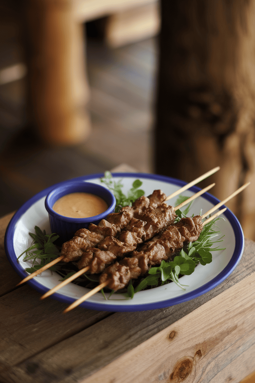 Indoor plate displaying wooden skewers of grilled Thai beef satay, small ramekin of peanut sauce for dipping. Photo only, no text or logos.