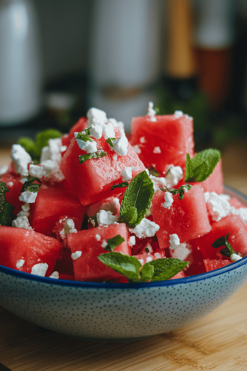 Indoor bowl of bright watermelon cubes dotted with crumbled feta and fresh mint leaves, condensation on fruit visible. No text or logos present.