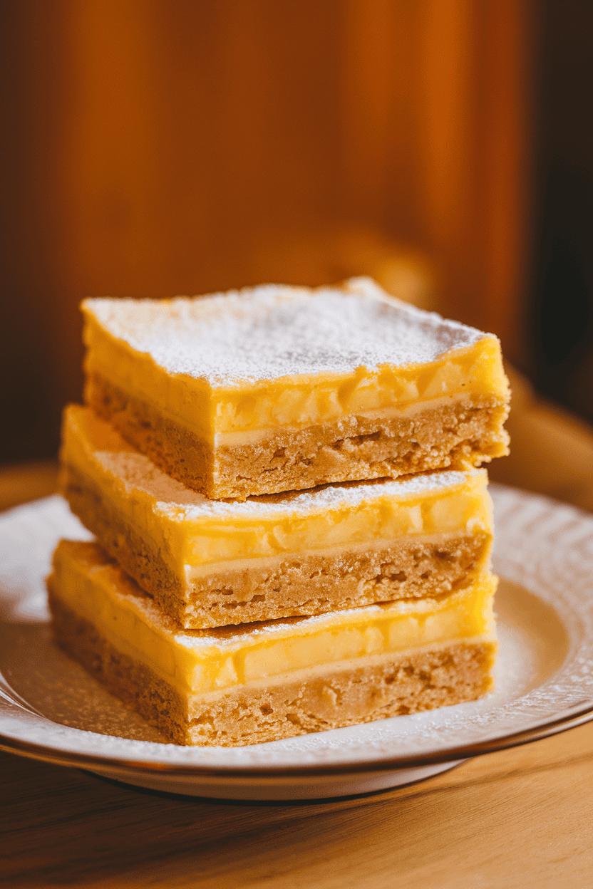 Indoor photo of powdered-sugar-dusted lemon bars stacked neatly on a dessert plate, bright yellow filling visible. Warm indoor lighting, no text or logos.
