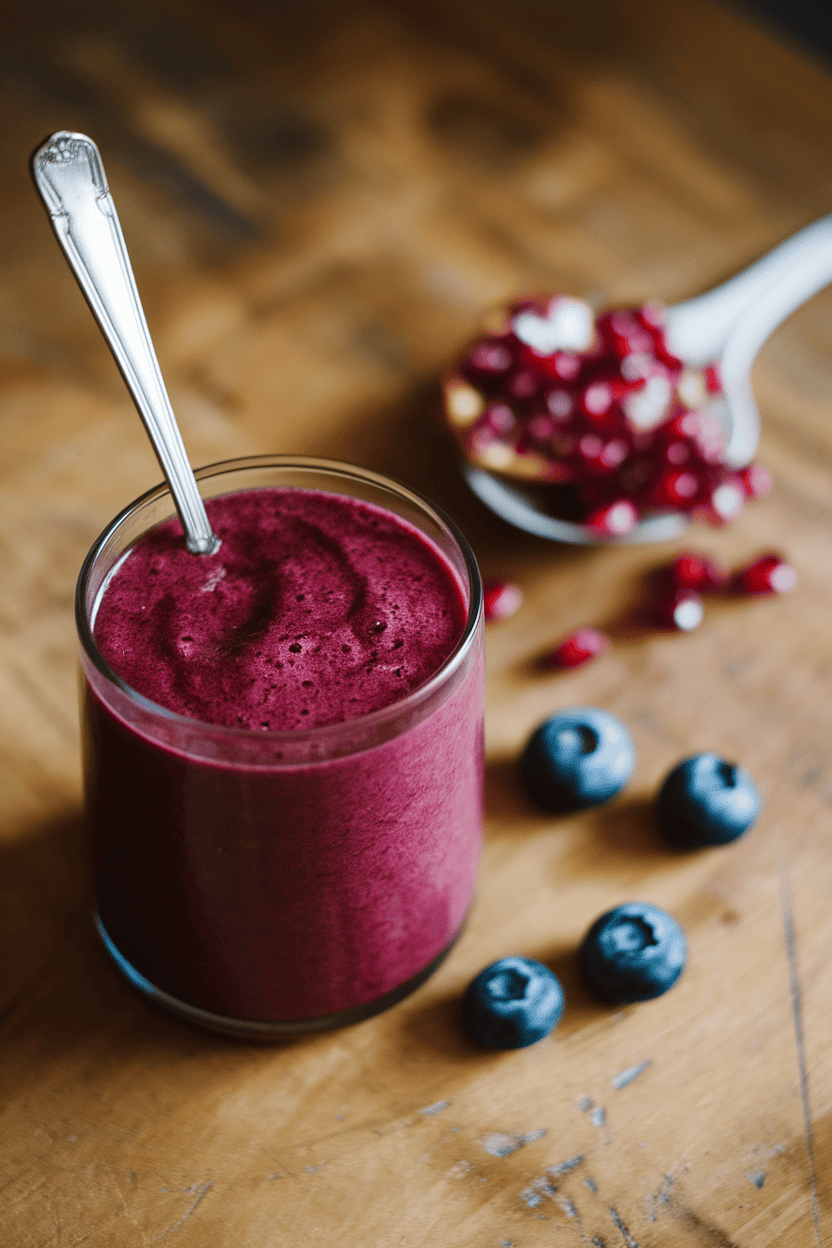 Indoor setting with a deep magenta smoothie, a spoonful of pomegranate arils and scattered blueberries nearby. Photo, no text or logos.