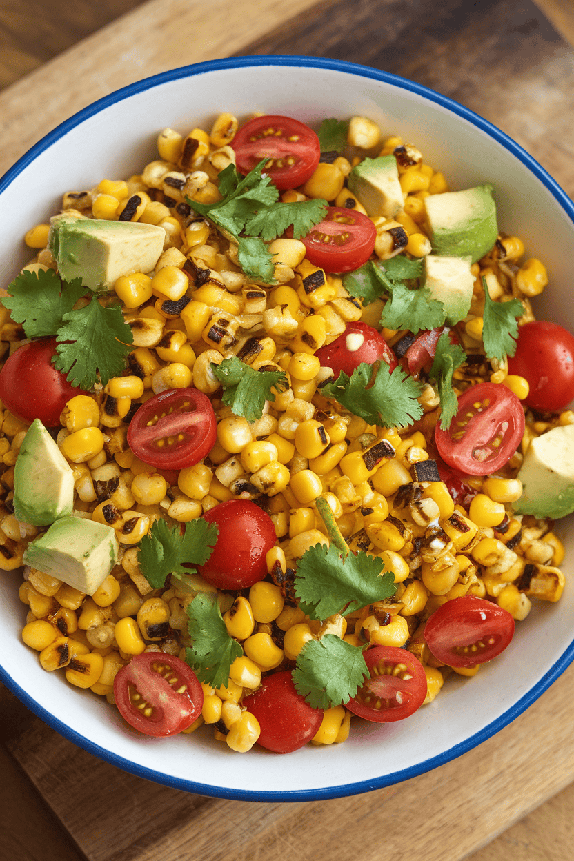 An indoor salad bowl filled with charred corn kernels, halved cherry tomatoes, diced avocado, and cilantro, lightly coated in lime dressing. Photo only, no text or logos.