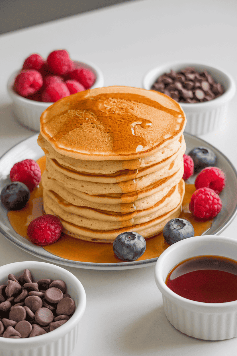 A stack of fluffy pancakes on a plate with small indoor bowls of berries, chocolate chips, and syrup surrounding—photo, no text or logos.