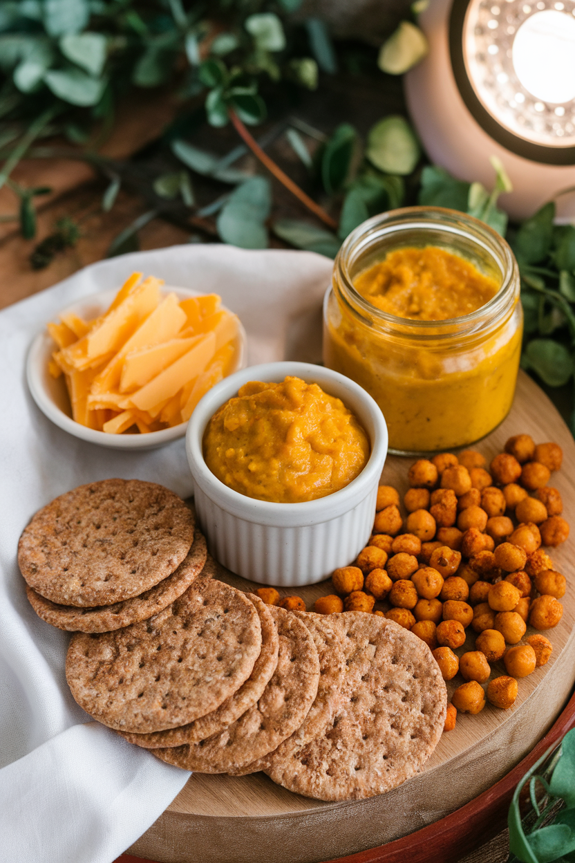 Indoor photo featuring round whole-grain crackers, mango chutney cup, curried roasted chickpeas, and shredded mild cheddar—no visible branding or text.