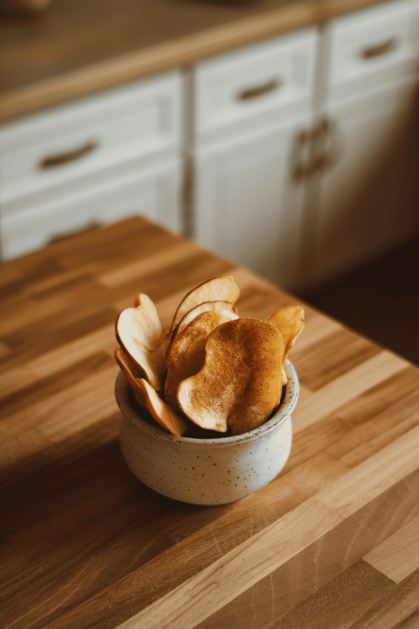 Indoor kitchen table with a small ceramic bowl of crispy baked apple chips, cinnamon dust visible. Gentle overhead lighting, no text or logos, photo only.