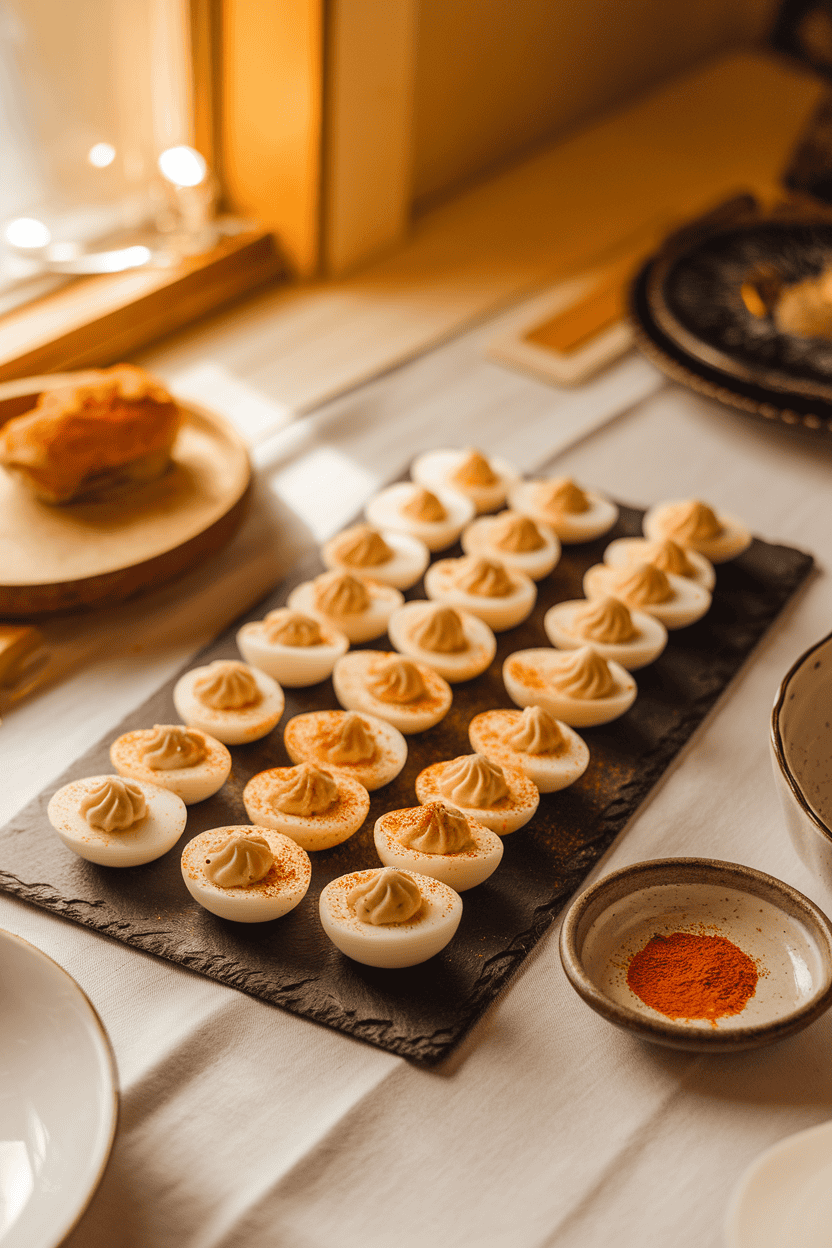 A warmly lit indoor table with deviled egg halves dusted with paprika, neatly lined on a slate tray. No text or logos present; photo, not illustration.