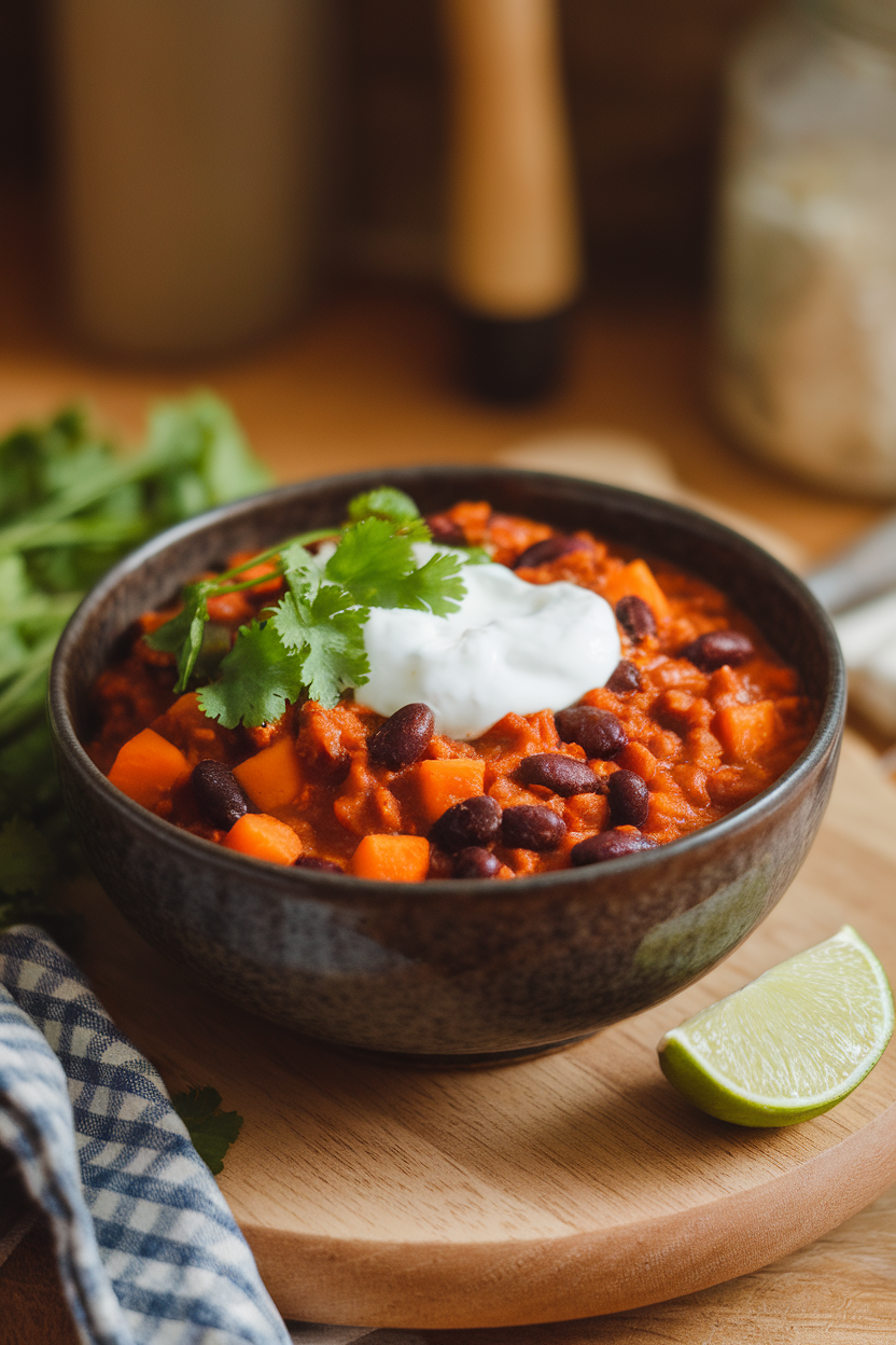 Indoor photo of a deep bowl of chunky sweet potato and black bean chili topped with a dollop of plain yogurt. Warm lighting; no text or logos present.