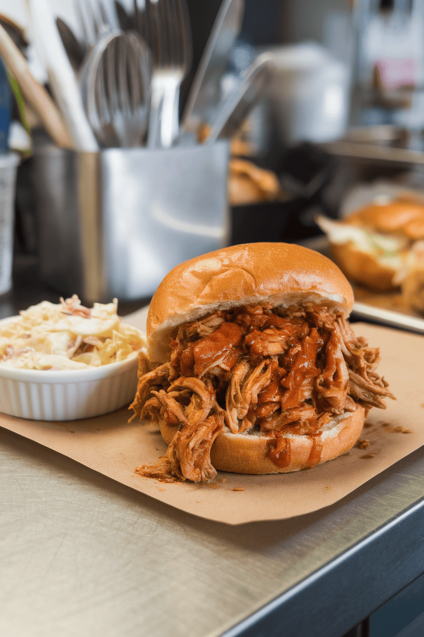 Photo, indoor countertop, a bun piled with saucy pulled chicken alongside a small dish of coleslaw; no text or logos anywhere.