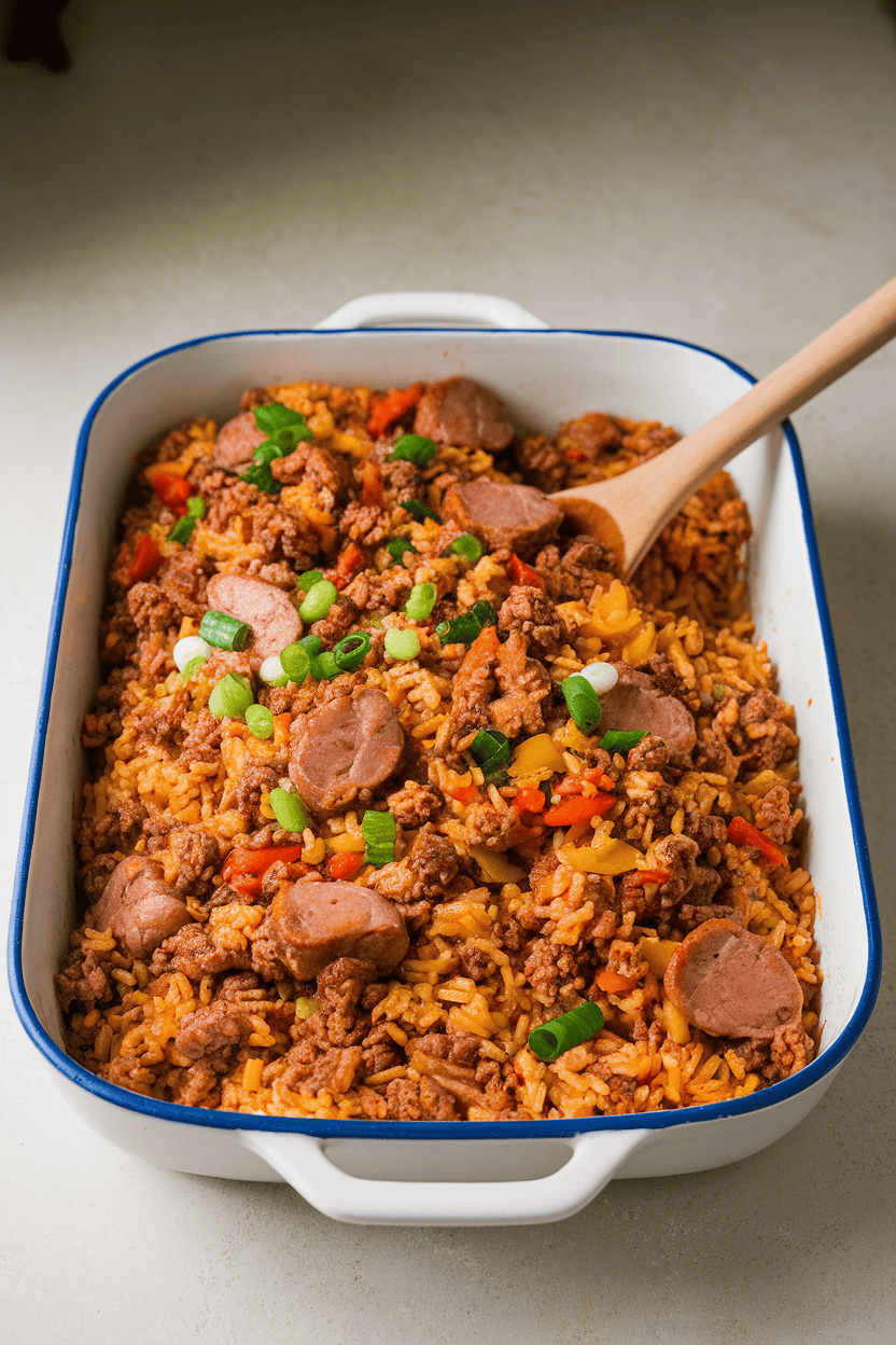 Photo of an indoor counter with a baking dish of Cajun dirty rice, featuring cooked ground pork, chicken livers, bell pepper, and green onion. No text or logos present.