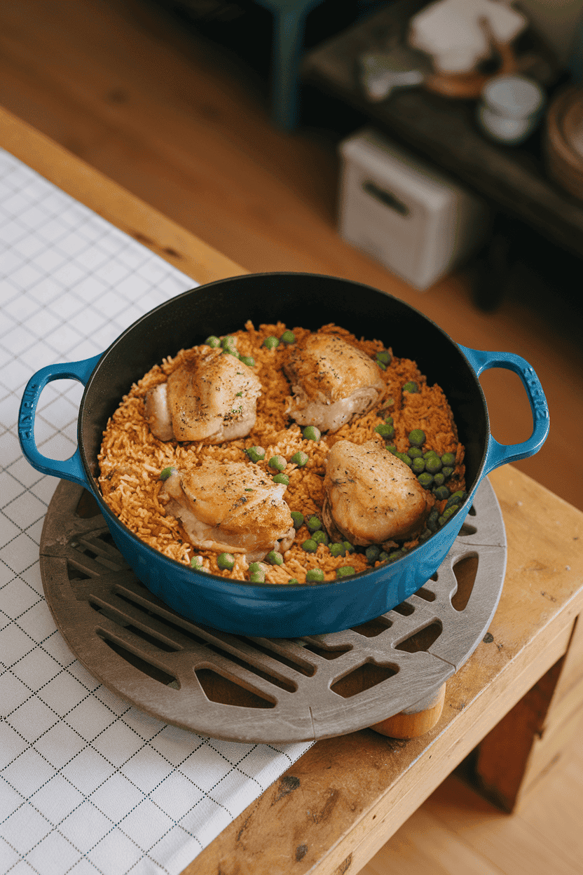 An indoor pine table featuring a Dutch oven filled with golden rice, chicken thighs, and peas nestled together, photographed from above—photo, no text or logos.