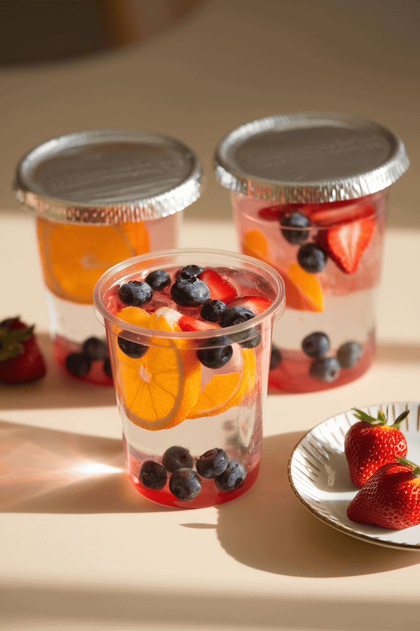 A softly lit indoor scene displaying two translucent plastic gel cups with suspended fruit pieces, each topped by a plain foil lid. No text or logos in view.