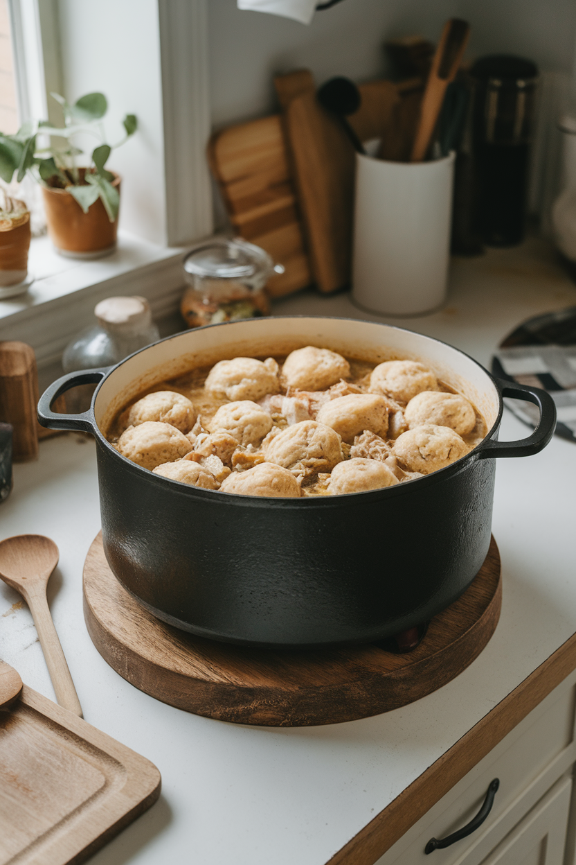 A cozy indoor kitchen counter displaying a large pot of chicken and dumplings, fluffy biscuit-style dumplings floating on top. No text or logos in view.